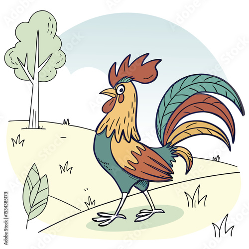 A vibrant cartoon rooster stands proudly in a green field alongside a hen and other farm birds, an amusing illustration of nature