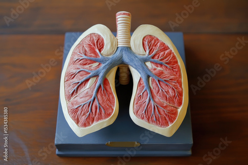 Anatomical model of lungs on a dark wooden surface