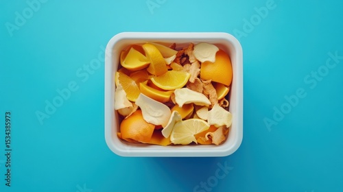 Citrus fruit waste in a white container.