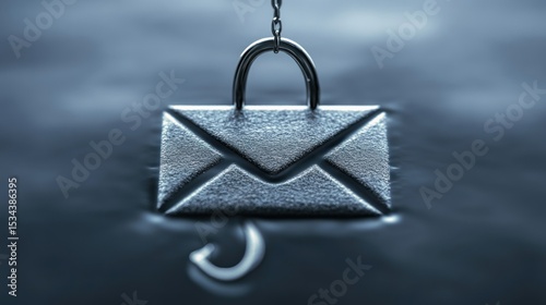 A silver email icon submerged in water, with a chain and hook attached, symbolizing phishing or email security risks.