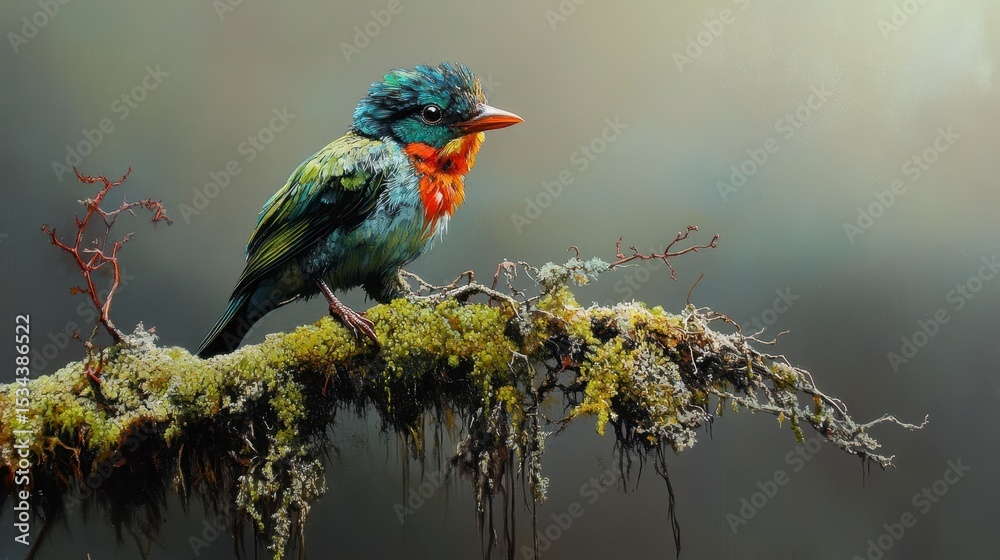 Obraz premium Vibrant hummingbird-like bird perched on a mossy branch in a rainforest.