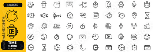 Set of time related line icons. Clock, watch, calendar, timer etc. Editable stroke