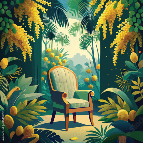 Autumn forest landscape with a bench and a tropical summer beach with a chair
