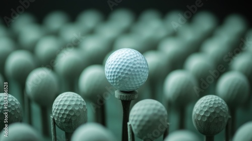 A single white golf ball stands out amidst a crowd of similar gray golf balls on tee markers.