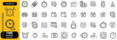 Set of time related line icons. Clock, watch, calendar, timer etc. Editable stroke