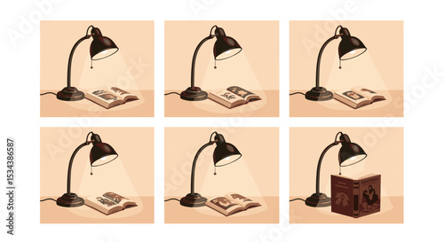 Six panels showing a desk lamp illuminating open books with different images and one closed book