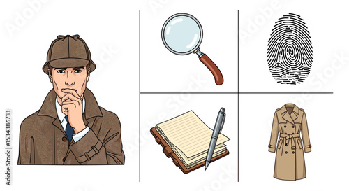 Illustration of a detective with magnifying glass fingerprint notebook and trench coat on a white background