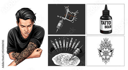 Illustration showing a man with a tattoo, tattoo machine, ink bottle, and tattoo designs displayed