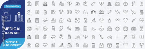 Set of 100+ Medicine and Healthcare web icons in line style. Medicine and Health Care, RX. Vector illustration. and line icon set