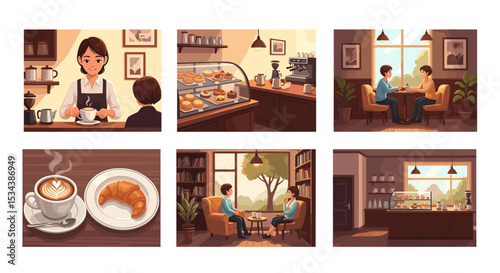Collage of cafe scenes showing a barista, pastries, couples, coffee, and interior settings in warm tones