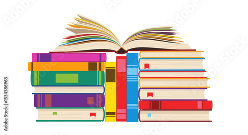 A colorful stack of closed books with an open book on top of the stack of books illustration