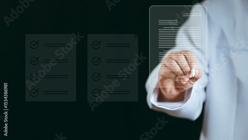 Check list concept.Medical worker with online checklist survey, filling out digital form checklist, take an assessment, questionnaire, evaluation, online survey, online exam