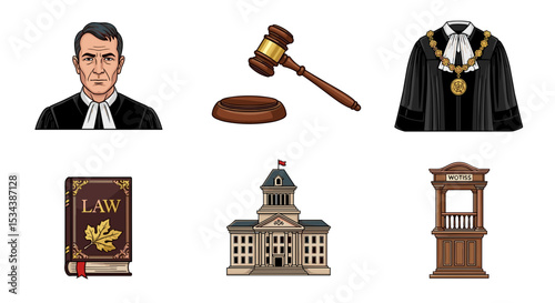 Illustration showing a judge, gavel, robe, law book, courthouse, and witness stand on a white background
