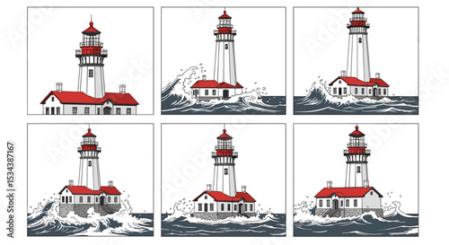 Comic strip depicting a lighthouse with red roof surrounded by waves in six different panels