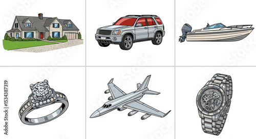 Illustration of a house, car, boat, diamond ring, airplane and watch in a grid format layout