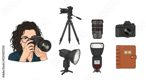A photographer with camera, tripod, lens, flash, softbox and notebook on a white isolated background