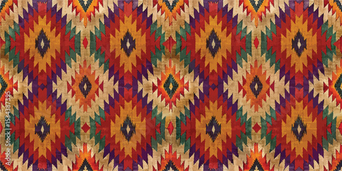 Colorful woven textile with geometric patterns in vibrant reds, purples, and greens.