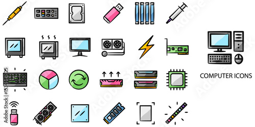 Computer simple concept 24 hand drawn color icons set .Vector illustration.