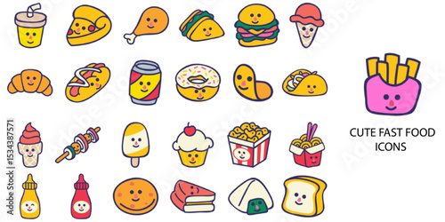 Fast food simple concept 24 Hand drawn Color icons set .Vector illustration.