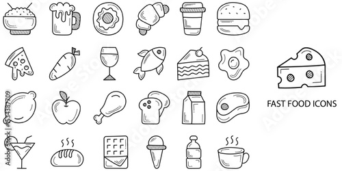Fast food simple concept 24 Hand drawn icons set .Vector illustration.	