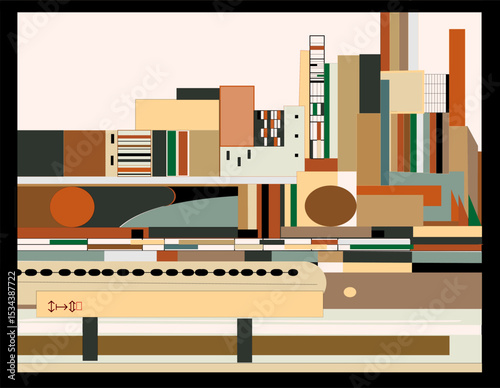 cityscape with various buildings and structures.  muted colors like beige, green, and rust gives the scene an abstract and minimalist feel.