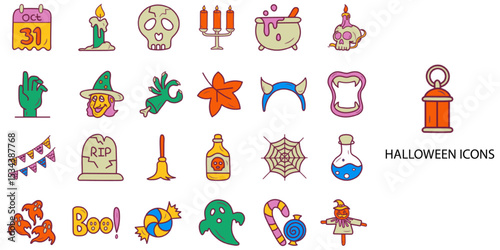 Halloween simple concept 28 Hand Drawn Color icons set. Vector illustration.