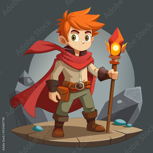 Young Boy Adventurer with Flaming Torch in Fantasy Setting