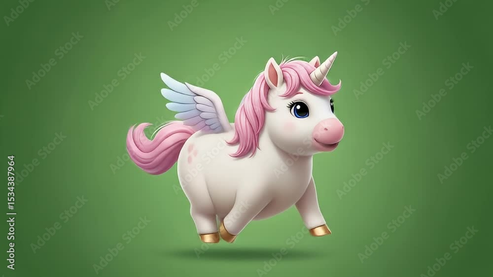 Cute baby flying unicorn green screen video with tiny wings and big eyes