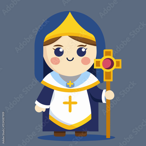 Adorable Cartoon Abbess Holding a Religious Cross Staff