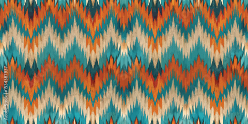 Vibrant chevron pattern featuring shades of teal, orange, and cream.