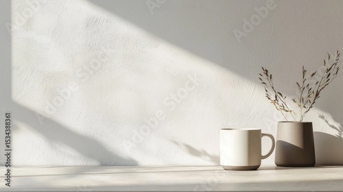 Sunlit Minimalist Still Life, Mug, Vase, Dried Flowers