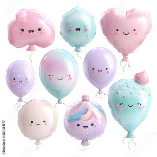 Collection of Smiling Pastel Helium Balloons with Different Shapes and Confetti for Celebration