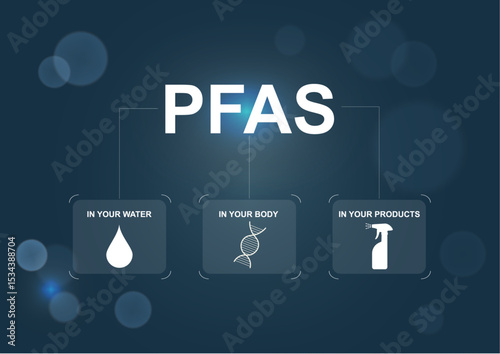 PFAS Exposure Pathways Three Categories Infographic Template. Professional PFAS exposure infographic showing three pathways with icons. PFAs in water, body and products. Vector illustration