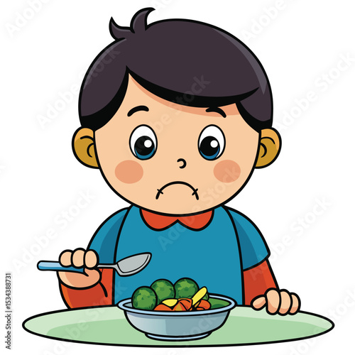A 2-year-old, pouting slightly, refusing a spoonful, showing their independence.