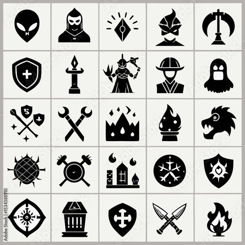 Collection of Twenty Five Black and White Fantasy Game Icons