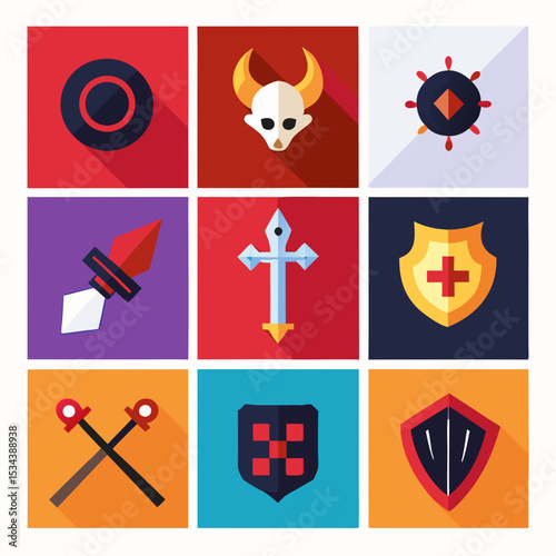 Nine Flat Design Icons of Medieval Weapons and Shields