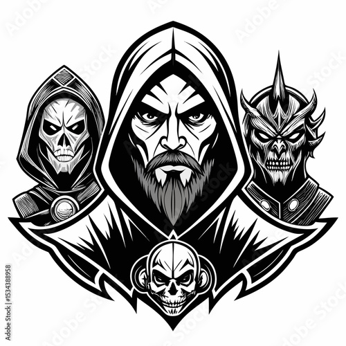 Three Dark Hooded Figures with Skulls and Tribal Design