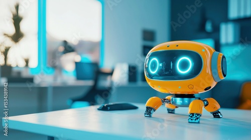 Cute Orange Robot on Desk in Modern Office