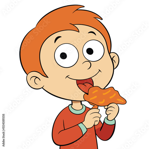 A child, 6-7 years old, chewing a piece of grilled food, enjoying a flavorful meal.