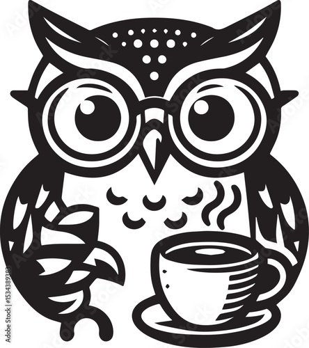 Adorable Owl with Coffee Cup Vector Illustration Stylish Black and White Design Perfect for Branding and Apparel