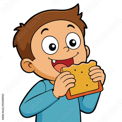 A child, aged 5, biting into a crunchy piece of toast, enjoying a simple breakfast.
