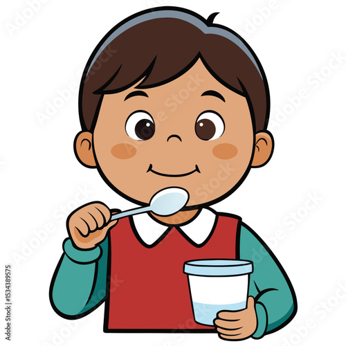 A child, around 4, with a tiny bit of yogurt on their face, a messy but happy moment.
