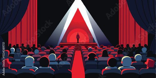 A spotlight shines on a stage performer in a filled auditorium with dramatic lighting