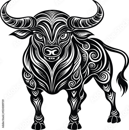 Decorative black and white bull illustration with tribal pattern vector art print for home decor