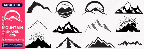 Set of mountain silhouettes, A set of black simple mountain silhouettes in a white background.