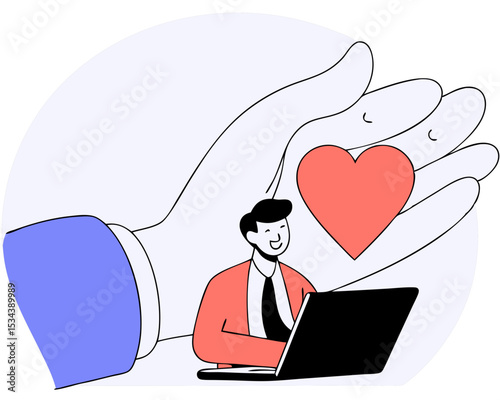 Corporate Uplift: Giant Hand Supporting African American Businessman on Laptop - Black Employee Care, Emotional Wellbeing & Workforce Inclusion Flat Vector