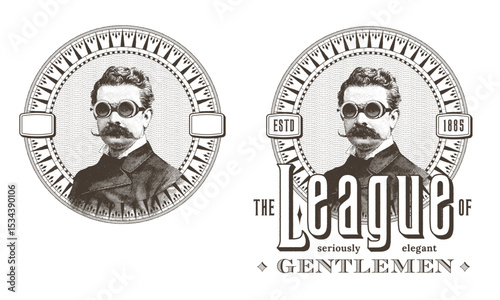 steampunk themed vector bade, logo or design element, with fictive character wearing goggles, plain and with text as an example of use