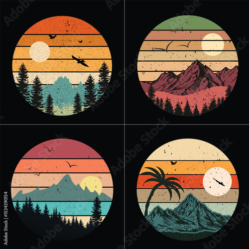 Vintage sunset landscape badges featuring mountains, trees, palm trees, and birds in retro circles