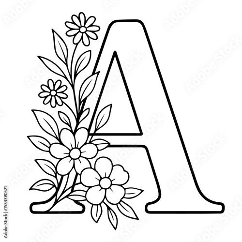 Floral Alphabet Letter 'S' Line Art - Elegant Monogram with Spring Flowers (Coloring Book Style)