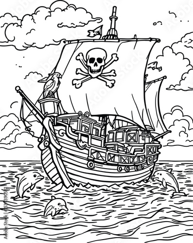 Pirate Ship at Sea with Dolphins Symbol Set Featuring a Classic Wooden Sailing Vessel with a Skull and Crossbones on Its Sail, a Bird Perched on the Mast, Waves Crashing, and Dolphins Leaping